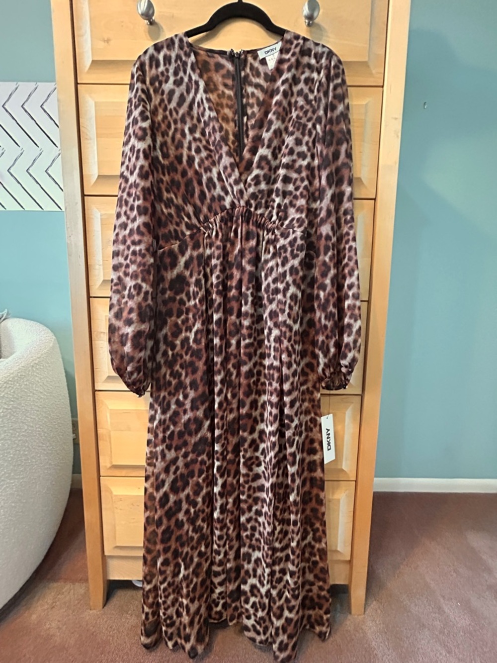DKNY Chiffon Leopard Print Blouson Sleeve Empire Waist Dress